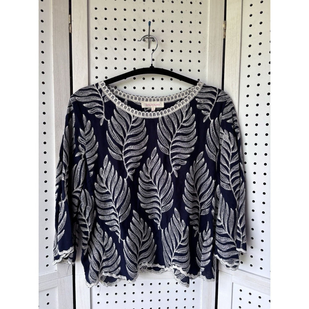 Solitaire Blue Embroidered Scalloped Hem Bell Sleeve Boho Blouse Small